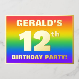 Invitación Con Relieve Metalizado Fiesta de cumpleaños 12: Patrón arcoiris divertido