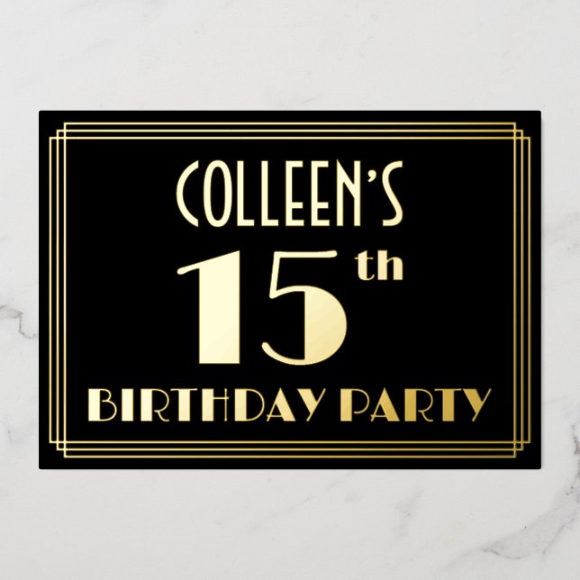 Invitación Con Relieve Metalizado Fiesta de cumpleaños 15: Art Deco Look "15", con n (Anverso)