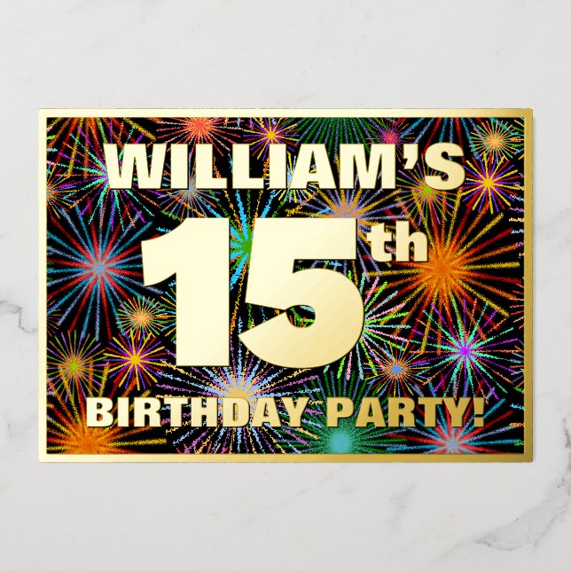 Invitación Con Relieve Metalizado Fiesta de cumpleaños 15 - Fuegos artificiales dive (Anverso)