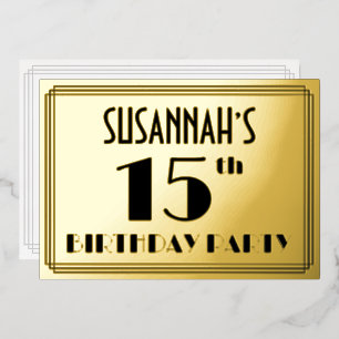 Invitación Con Relieve Metalizado Fiesta de cumpleaños 15 — Look Art Déco “15” + Nom