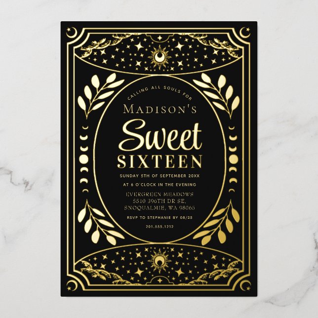 Invitación Con Relieve Metalizado Fiesta de cumpleaños 16 Gold Tarot Witchy Sweet (Anverso)