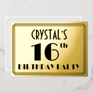 Invitación Con Relieve Metalizado Fiesta de cumpleaños 16 — Look Art Déco “16” + Nom