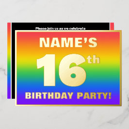 Invitación Con Relieve Metalizado Fiesta de cumpleaños 16: Patrón arcoiris divertido