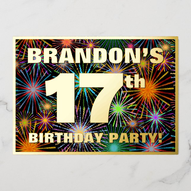 Invitación Con Relieve Metalizado Fiesta de cumpleaños 17 - Fuegos artificiales dive (Anverso)