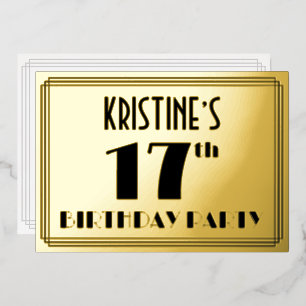 Invitación Con Relieve Metalizado Fiesta de cumpleaños 17 — Look Art Déco “17” + Nom