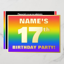 Invitación Con Relieve Metalizado Fiesta de cumpleaños 17: Patrón arcoiris divertido