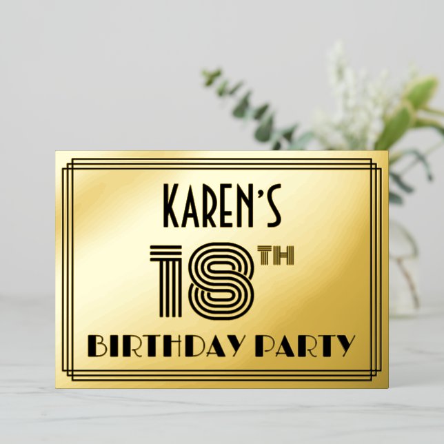 Invitación Con Relieve Metalizado Fiesta de cumpleaños 18 — Estilo Art Deco "18" y n (Anverso de pie)