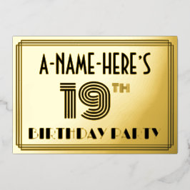 Invitación Con Relieve Metalizado Fiesta de cumpleaños 19 — Estilo Art Deco "19" y n