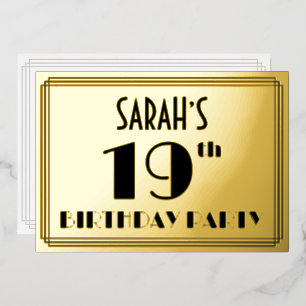 Invitación Con Relieve Metalizado Fiesta de cumpleaños 19 — Look Art Deco “19” + Nom