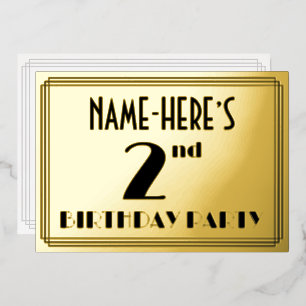 Invitación Con Relieve Metalizado Fiesta de cumpleaños 2º - Estilo Art Deco “2” + No