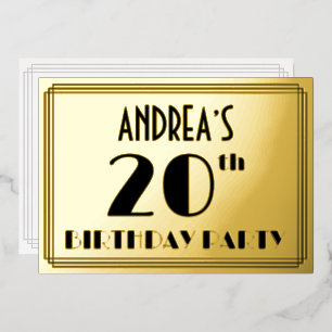 Invitación Con Relieve Metalizado Fiesta de cumpleaños 20 — Look Art Déco “20” + Nom