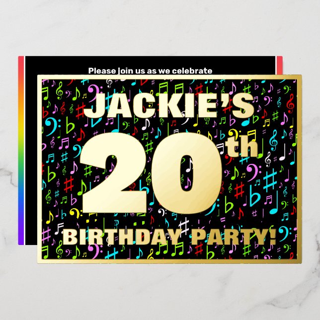 Invitación Con Relieve Metalizado Fiesta de cumpleaños 20 — Símbolos musicales diver (Anverso/Reverso)