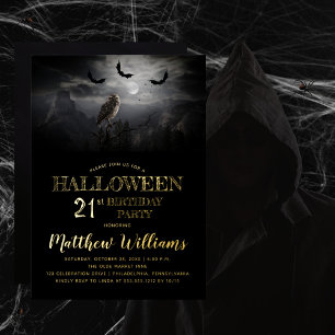 Invitación Con Relieve Metalizado Fiesta de cumpleaños 21 de Halloween de búhos murc