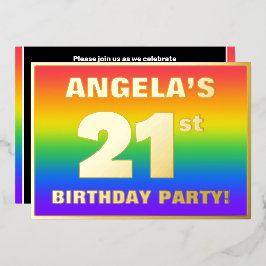 Invitación Con Relieve Metalizado fiesta de cumpleaños 21: Patrón arcoiris divertido