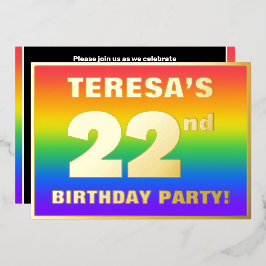 Invitación Con Relieve Metalizado Fiesta de cumpleaños 22: Patrón arcoiris divertido