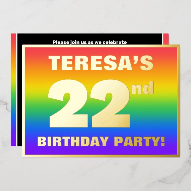 Invitación Con Relieve Metalizado Fiesta de cumpleaños 22: Patrón arcoiris divertido (Anverso/Reverso)