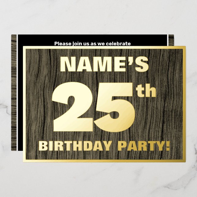 Invitación Con Relieve Metalizado Fiesta de cumpleaños 25: Negrita, patrón de grano  (Anverso/Reverso)