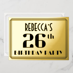 Invitación Con Relieve Metalizado Fiesta de cumpleaños 26: Art Deco Look "26" y nomb