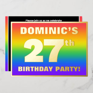 Invitación Con Relieve Metalizado Fiesta de cumpleaños 27: Patrón arcoiris divertido