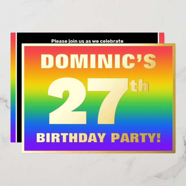 Invitación Con Relieve Metalizado Fiesta de cumpleaños 27: Patrón arcoiris divertido (Anverso/Reverso)