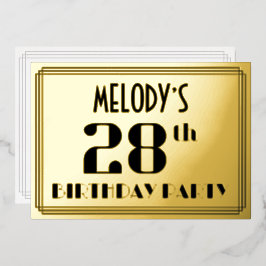 Invitación Con Relieve Metalizado Fiesta de cumpleaños 28: Art Deco Look "28" y nomb