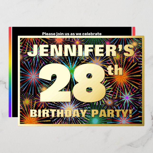 Invitación Con Relieve Metalizado Fiesta de cumpleaños 28 — aspecto divertido y colo (Anverso/Reverso)