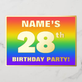 Invitación Con Relieve Metalizado Fiesta de cumpleaños 28: Patrón arcoiris divertido