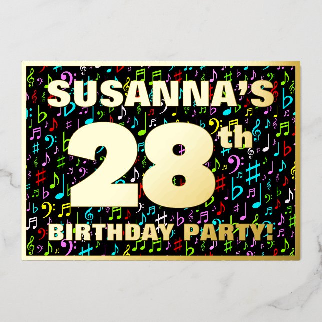 Invitación Con Relieve Metalizado Fiesta de cumpleaños 28 — Símbolos musicales diver (Anverso)