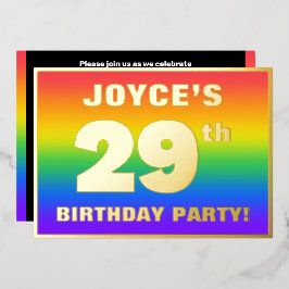 Invitación Con Relieve Metalizado Fiesta de cumpleaños 29: Patrón arcoiris divertido