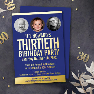 Invitación Con Relieve Metalizado Fiesta de cumpleaños 30 azul oro círculos de fotos