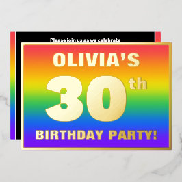 Invitación Con Relieve Metalizado fiesta de cumpleaños 30: Patrón arcoiris divertido