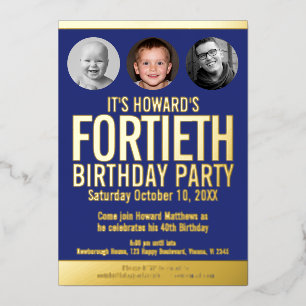 Invitación Con Relieve Metalizado fiesta de cumpleaños 40 azul oro círculos de fotos