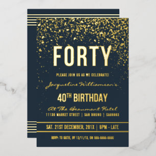 Invitación Con Relieve Metalizado Fiesta de cumpleaños 40   Confeti dorado a mediano