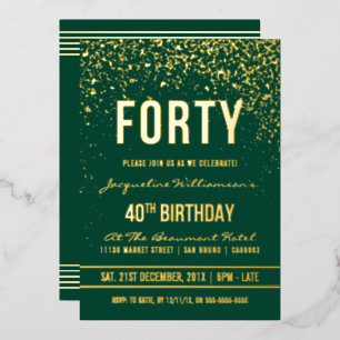 Invitación Con Relieve Metalizado Fiesta de cumpleaños 40 de color verde esmeralda  