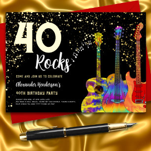 Invitación Con Relieve Metalizado Fiesta de cumpleaños 40 de Rock and Roll negro y d
