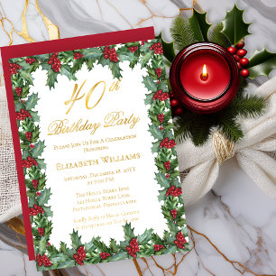 Invitación Con Relieve Metalizado Fiesta de cumpleaños 40 elegante Holly Bayas Mar