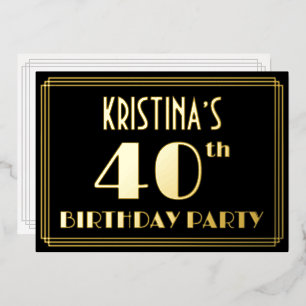 Invitación Con Relieve Metalizado Fiesta de cumpleaños 40: Look de Art Deco “40”, co