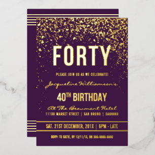 Invitación Con Relieve Metalizado Fiesta de cumpleaños 40 Purple   Confeti de oro