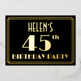 Invitación Con Relieve Metalizado Fiesta de cumpleaños 45: Art Deco Look "45", con e