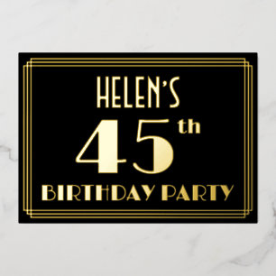 Invitación Con Relieve Metalizado Fiesta de cumpleaños 45: Art Deco Look "45", con e