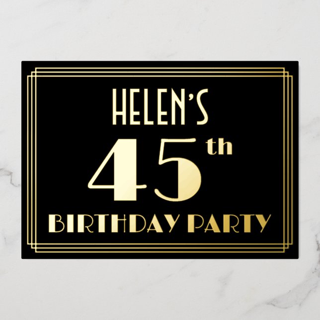 Invitación Con Relieve Metalizado Fiesta de cumpleaños 45: Art Deco Look "45", con e (Anverso)