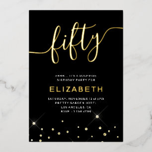 Invitación Con Relieve Metalizado Fiesta de cumpleaños 50 Black & Gold Glitter Scrip