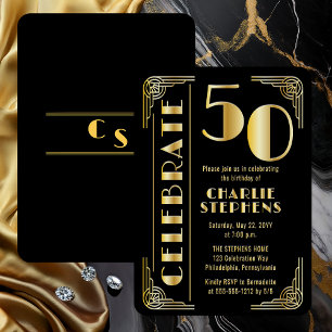 Invitación Con Relieve Metalizado Fiesta de cumpleaños 50 elegante Art Deco de lujo