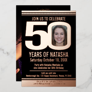 Invitación Con Relieve Metalizado Fiesta de cumpleaños 50 negro y rosa dorado foil f