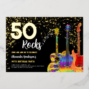 Invitación Con Relieve Metalizado Fiesta de cumpleaños 50 Rocks Guitarra Dorado Bril