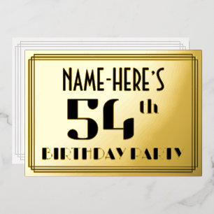 Invitación Con Relieve Metalizado Fiesta de cumpleaños 54: Art Deco Look "54" y nomb