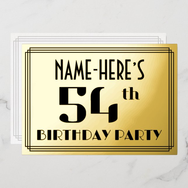 Invitación Con Relieve Metalizado Fiesta de cumpleaños 54: Art Deco Look "54" y nomb (Anverso/Reverso)