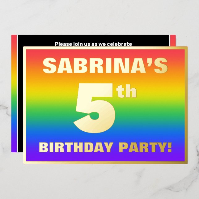 Invitación Con Relieve Metalizado Fiesta de cumpleaños 5: Patrón arcoiris divertido  (Anverso/Reverso)