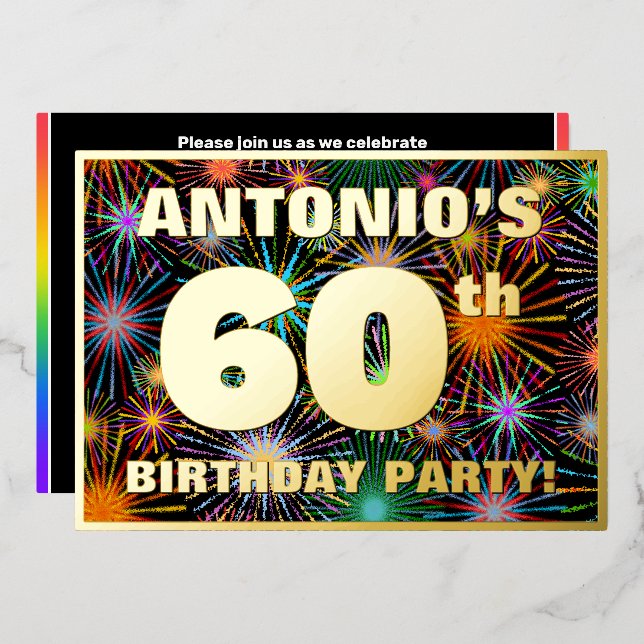 Invitación Con Relieve Metalizado Fiesta de cumpleaños 60 — aspecto divertido y colo (Anverso/Reverso)