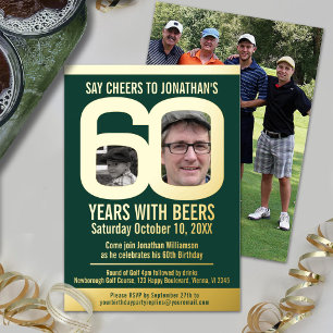 Invitación Con Relieve Metalizado fiesta de cumpleaños 60 cervezas de golf verdes or